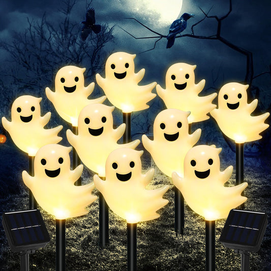 VOGVOG Solar Halloween Ghost Pathway Lights, 10 Pack 3D Lighted Outdoor Stake Decorations, Waterproof LED Yard and Garden Lights for Halloween