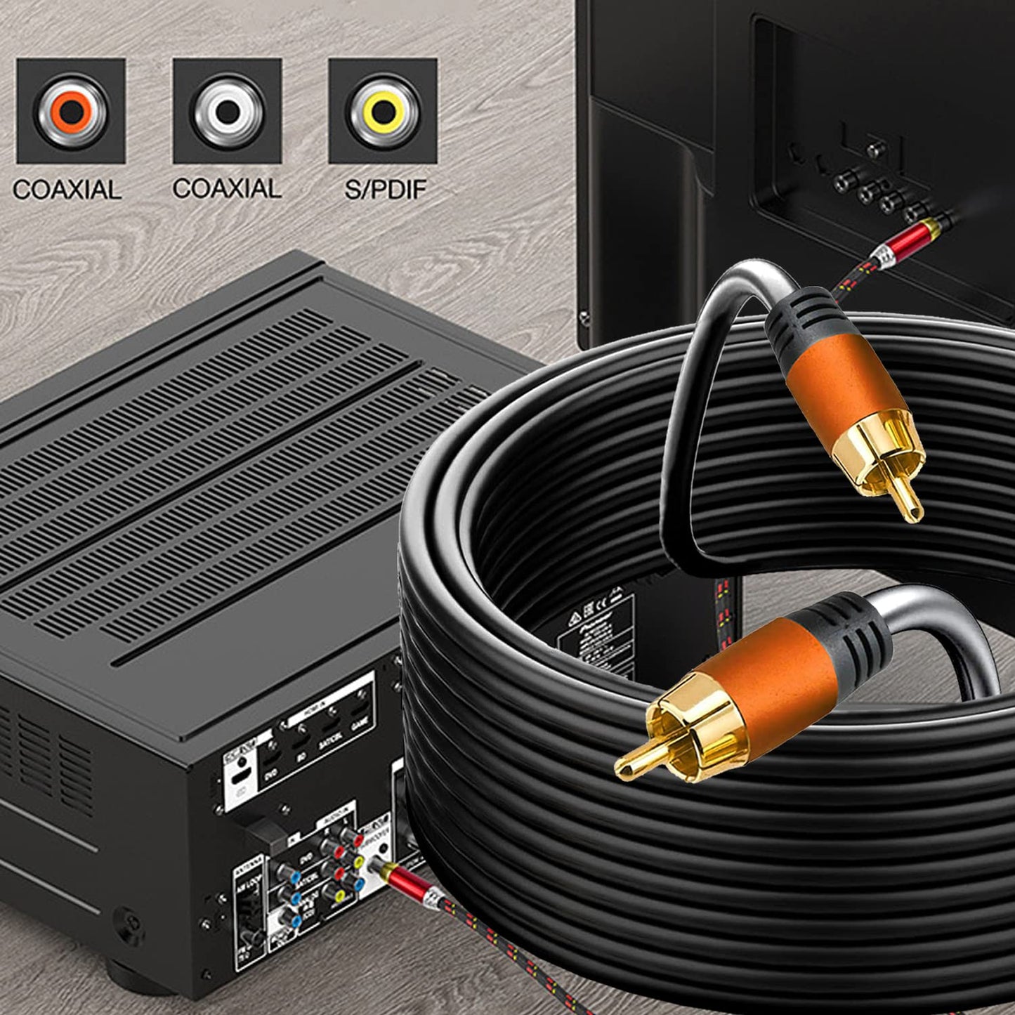 Digital Coaxial Audio Cable 16.5FT, 1RCA Male to 1RCA Male for Subwoofer, Home Theater, Video/Audio, Rear View Parking Camera