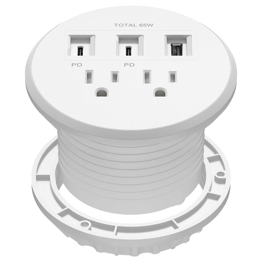 LIDER PD 65W GaN Technology Desktop Power Grommet, Power Delivery, USB-A and 2 USB-C Ports, Tamper-Resistant Receptacles, Self-Close Cover, Desk
