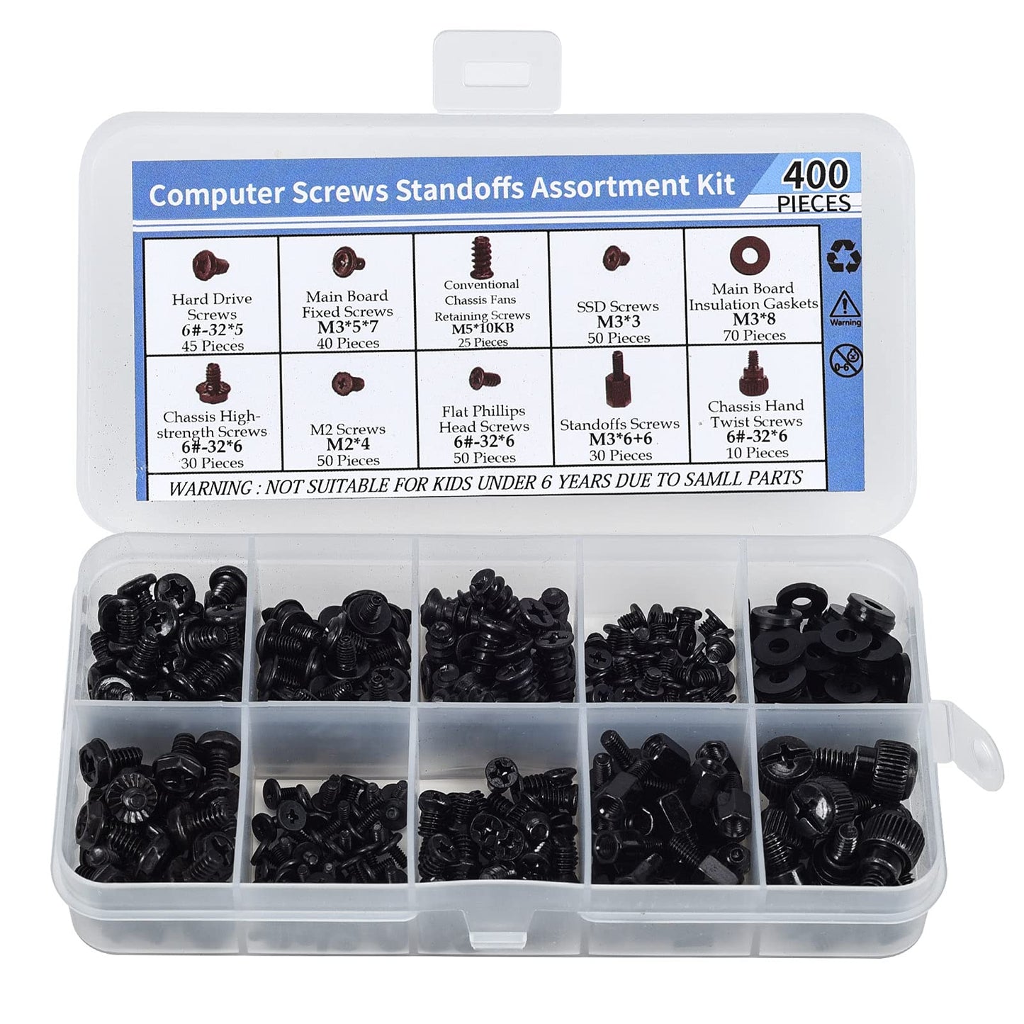 400PCS Computer Screws Motherboard Standoffs Assortment Kit for Universal Motherboard, HDD, SSD, Hard Drive,Fan, Power Supply, Graphics, PC Case