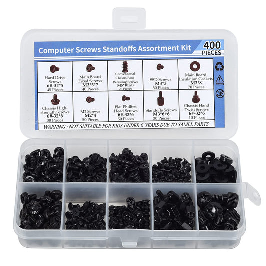 400PCS Computer Screws Motherboard Standoffs Assortment Kit for Universal Motherboard, HDD, SSD, Hard Drive,Fan, Power Supply, Graphics, PC Case