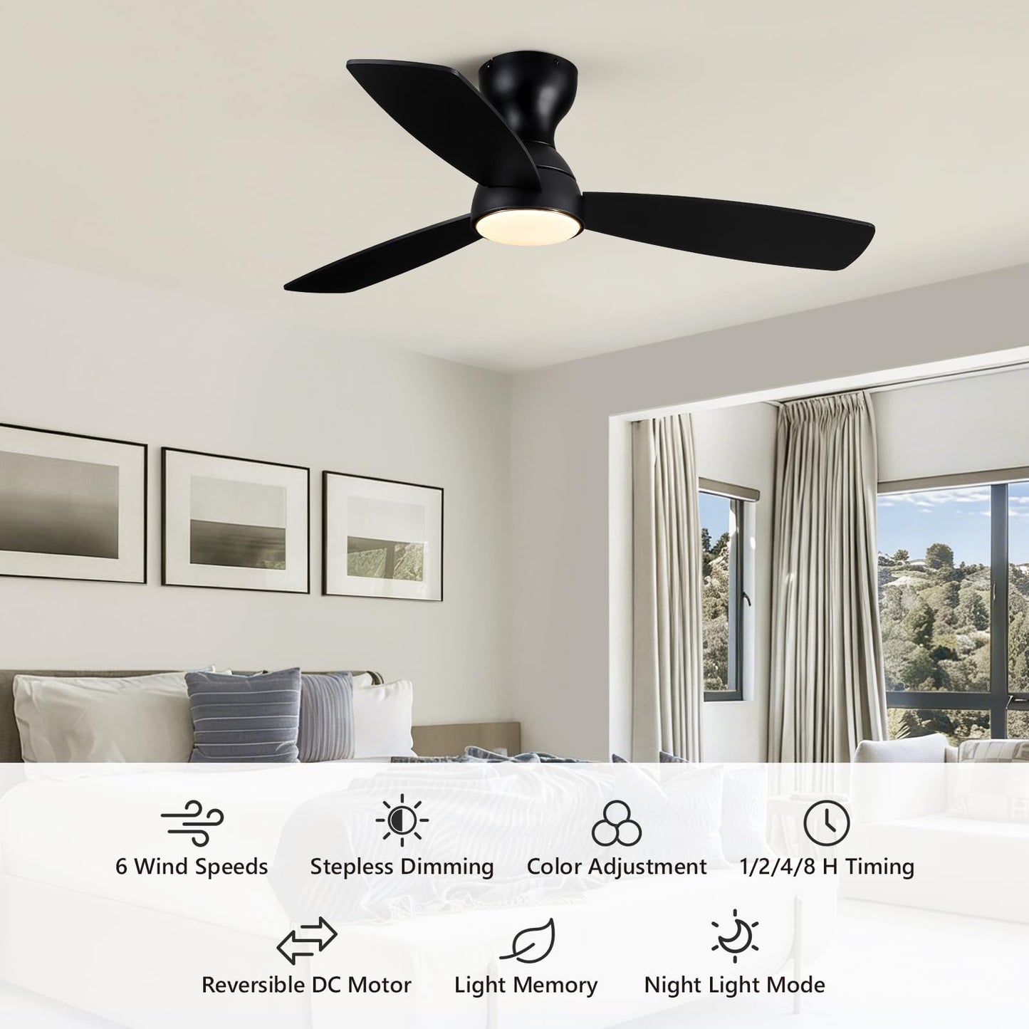 MOOONICHE 42" Ceiling Fan with Light and Remote, Small Quiet Low Profile Fandelier, Flush Mount Fan Lights with Memory Function, 3CCT, Dimmable