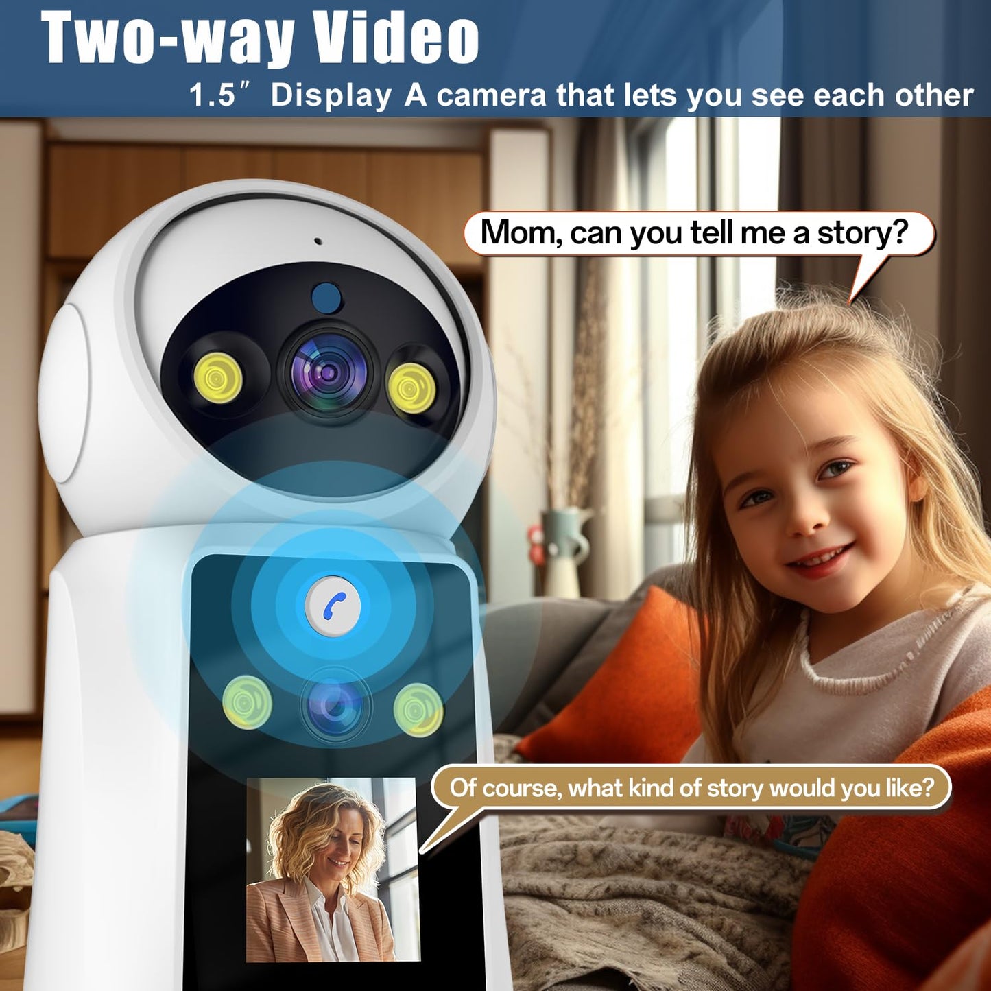 Kinnkall Indoor Security Camera 1.5" Display for Baby & Pet Monitoring, PTZ with Motion Tracking, Two-Way Audio, 24/7 Cloud/SD Storage, 2.4G WiFi
