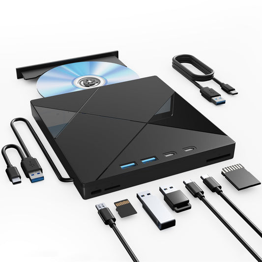 Wbacon 7 in 1 External CD/DVD Drive for Laptop, Portable DVD Player for Laptop with SD/TF Port, External DVD Drive with USB 3.0/Type C, CD Drive USB