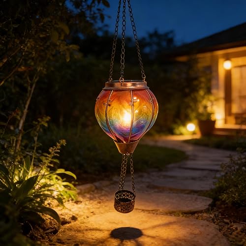 Hot Air Balloon Solar Lantern with Flickering Flame Hanging Solar Lanterns Outdoor Lights Waterproof Lanterns Decorative Garden Patio Yard Party