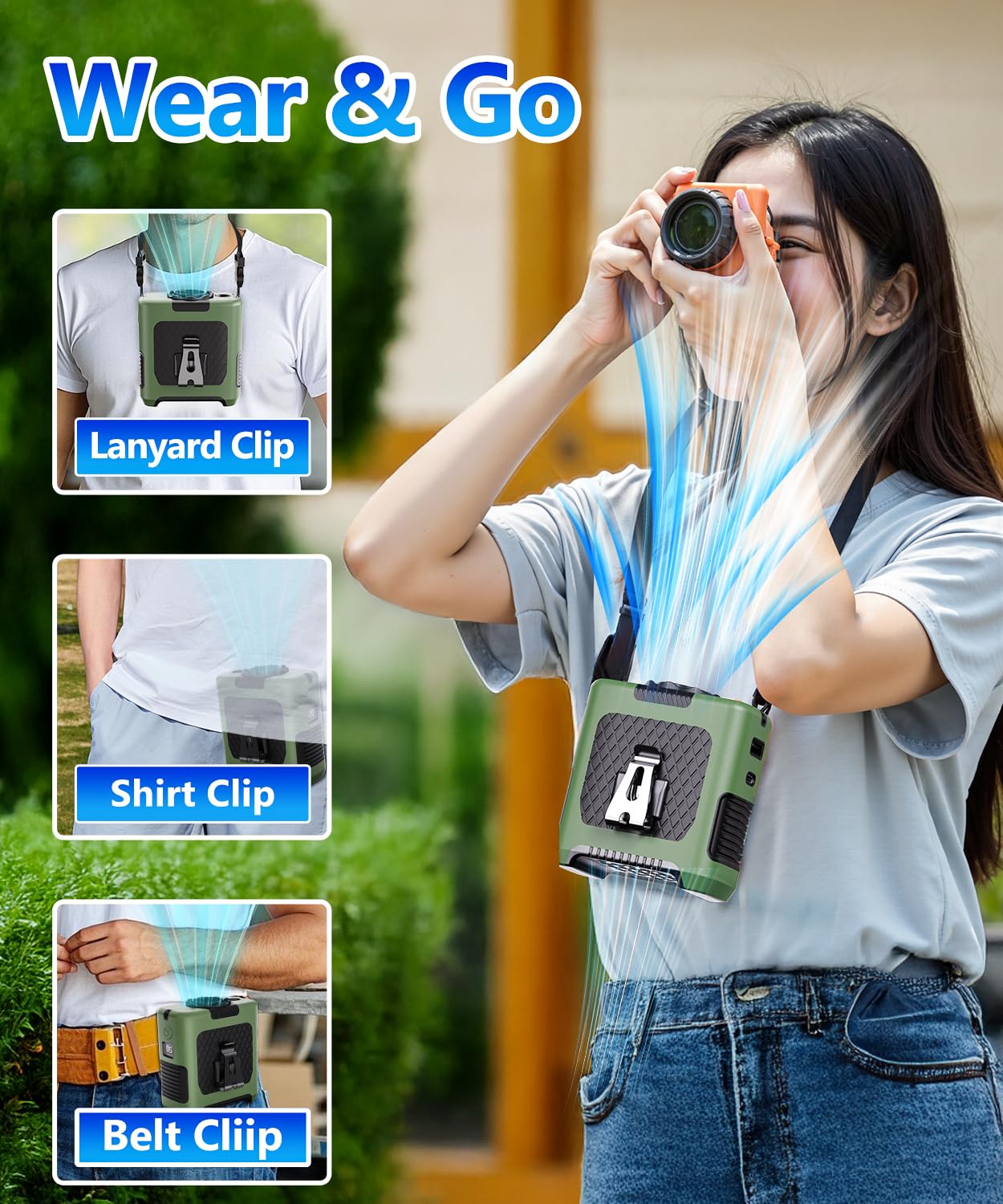 GRLELOU Portable Waist Fan, Shirt Fan Rechargeable with 5 Speeds Adjustable & LED light, Cooling Personal Wearable Fan with 10000mAh Battery, Wearable