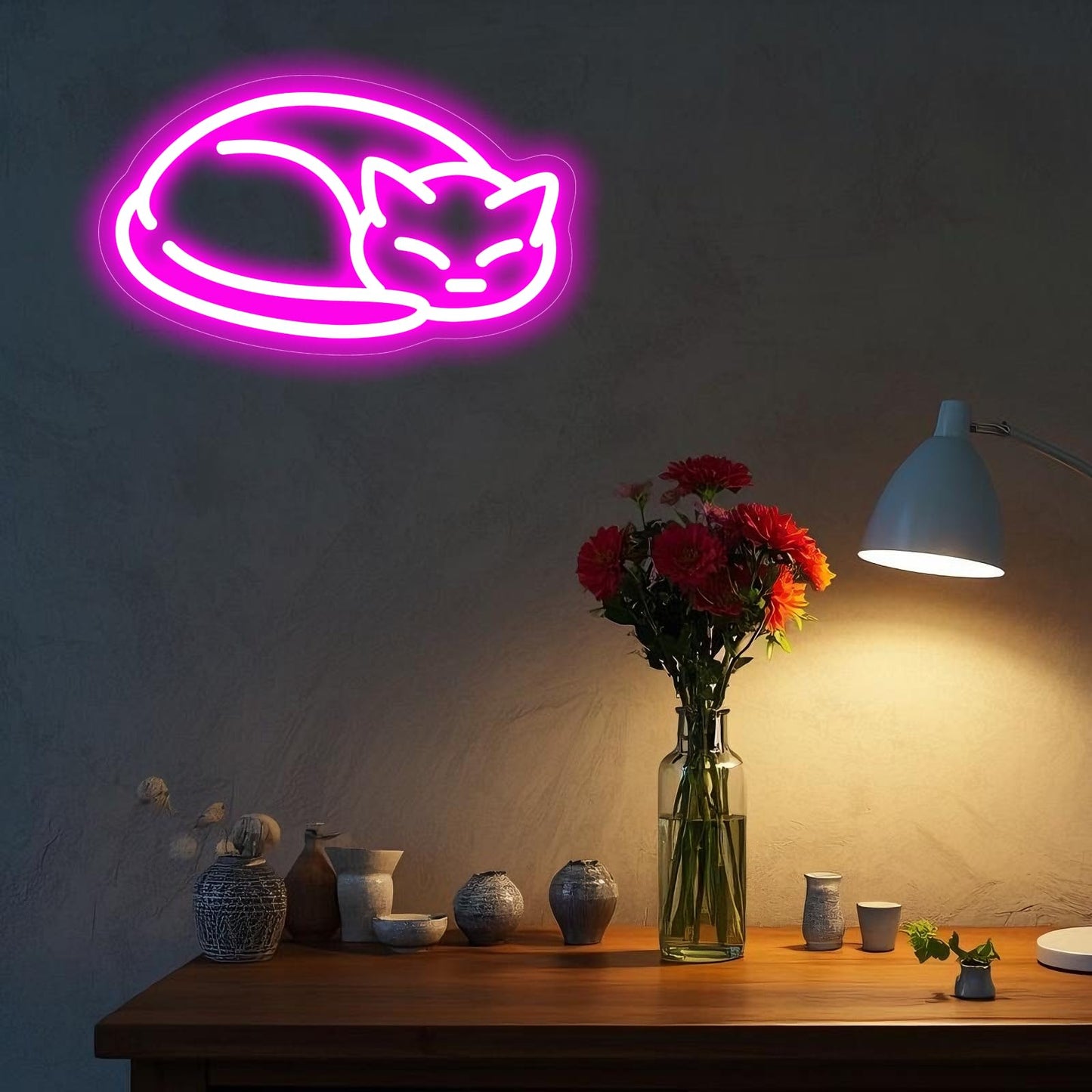 Pink Cat Neon Sign for Wall Decor - Sleeping Kitten LED Neon Light with Dimmable Switch, 11.4" x 6.7" USB Powered Night Light, Aesthetic Room Decor