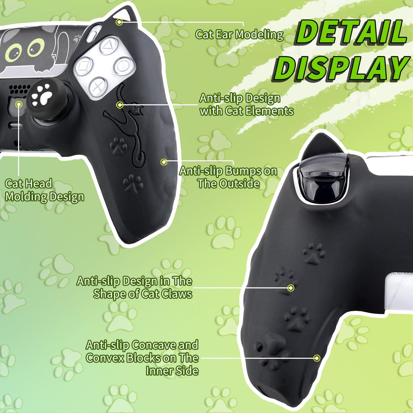 SoAegis Cute Cat-Ear PS5 Controller Skin Set, Silicone Controller Cover for PS5 Wireless Grip, Comes with 2 Thumb Grips and 2 Cat Stickers