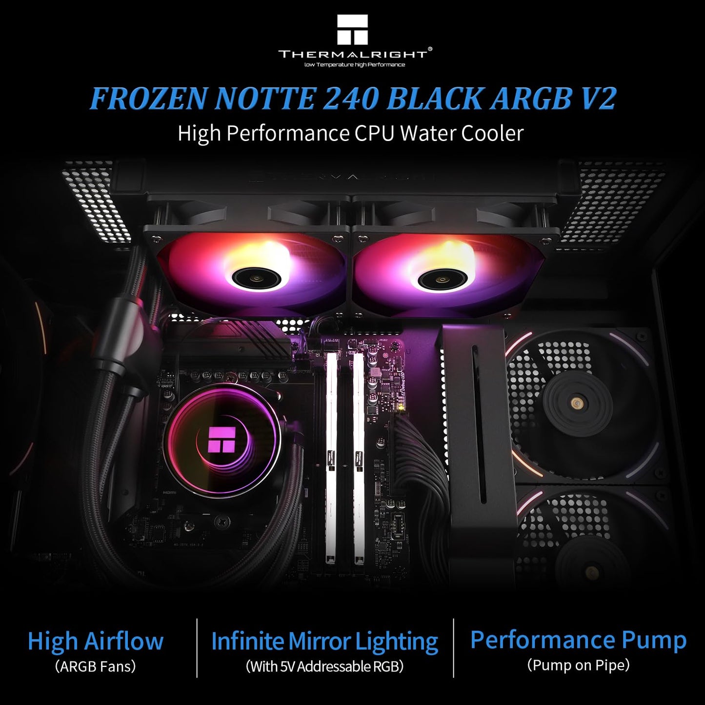 Thermalright Frozen Notte 240 Black ARGB V2 Water Cooling CPU Cooler,240Black CPU Cooler Specifications, Double PWM Fans, S-FDB Bearings, Suitable