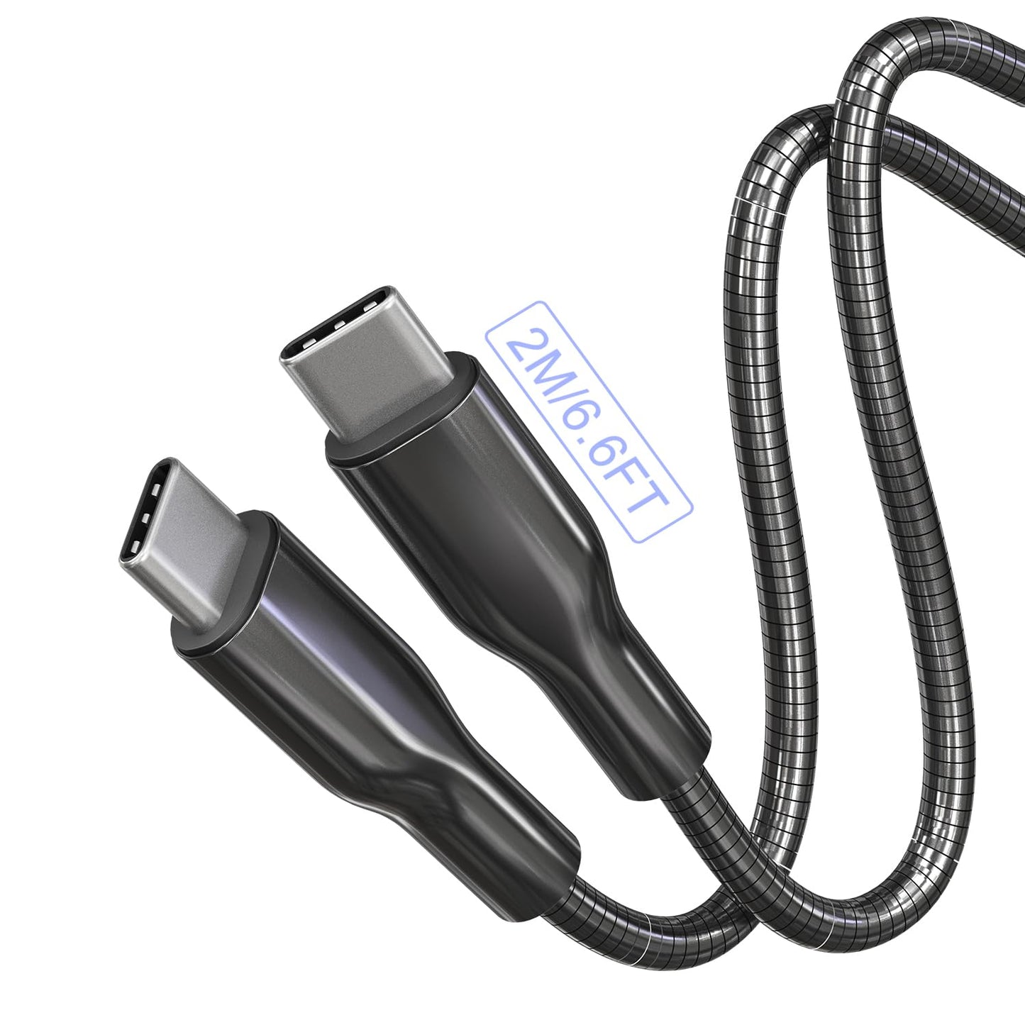 Metal Braided USB-C to USB-C Cable 6.6ft, 60W PD Fast Charging & Data Sync, Cat & Dog Chew Proof Charger Cord, Tangle-Free Indestructible Charger Cord