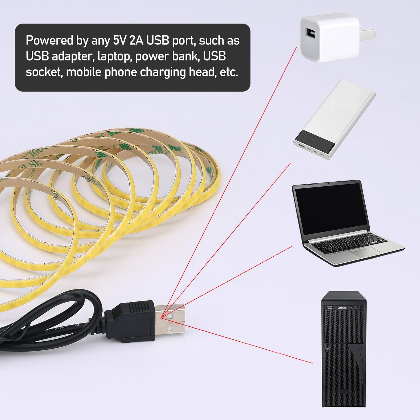 GOMING 5V COB USB LED Strip Light Natural White 4000K 5mm Width USB Powered 13.12ft/4M 400LEDs/M Flexible High Brightness IP20 Not Waterproof LED Tape