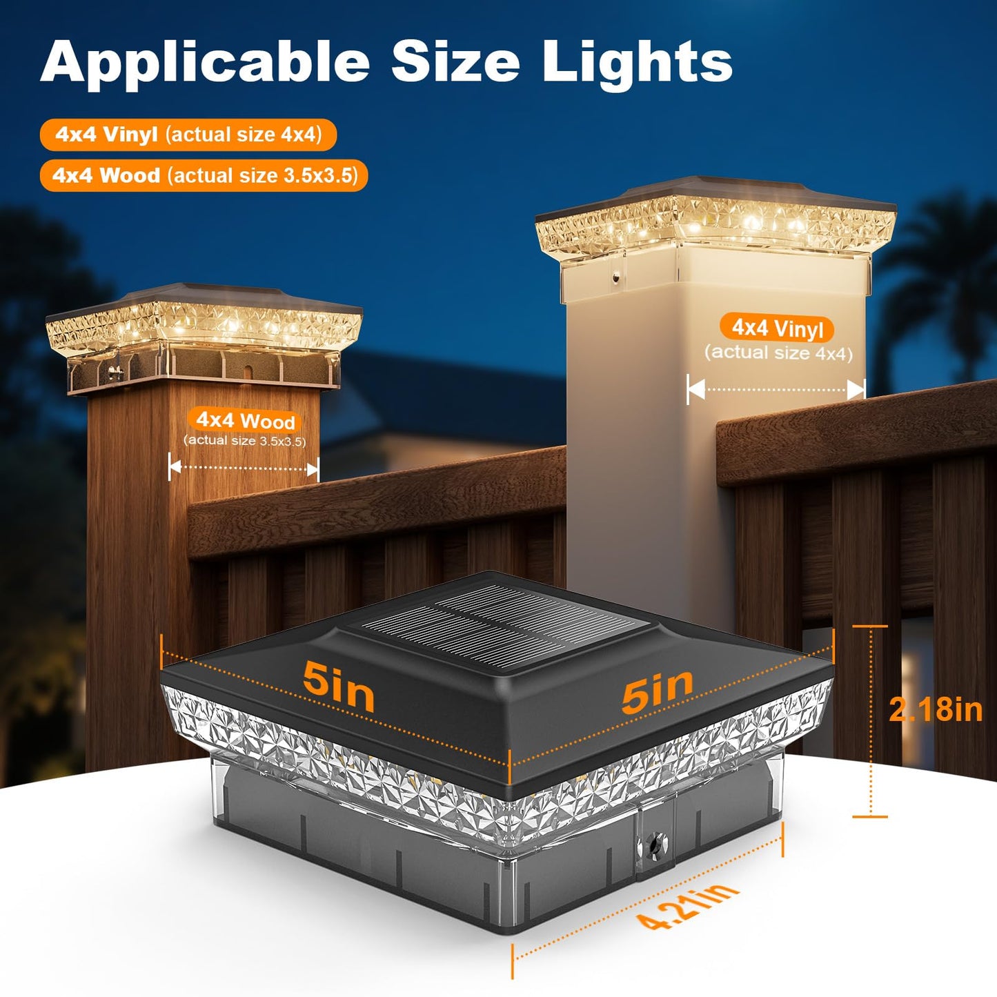 APONUO Solar Post Cap Lights for 4x4 Wood &Vinyl Posts, 3 Light Modes & 800mAh Battery, IP65 Waterproof Rugged Unibody, Solar Outdoor Lights