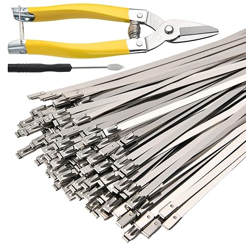 Dehapia Stainless Steel Zip Ties Heavy Duty (120 PCS) with Metal Cutter, 11.8 Inch Self-Locking Cable Ties for Chain Link Fence, Outdoor, Electrical