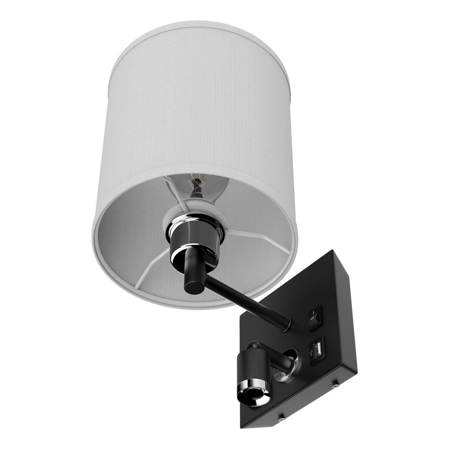 LEDMyplace 1-Light LED Wall Sconces, Indoor Sconce Light Fixture for Living Room with USB Ports and Outlet, E26 Base, Iron Body, White Fabric Shade