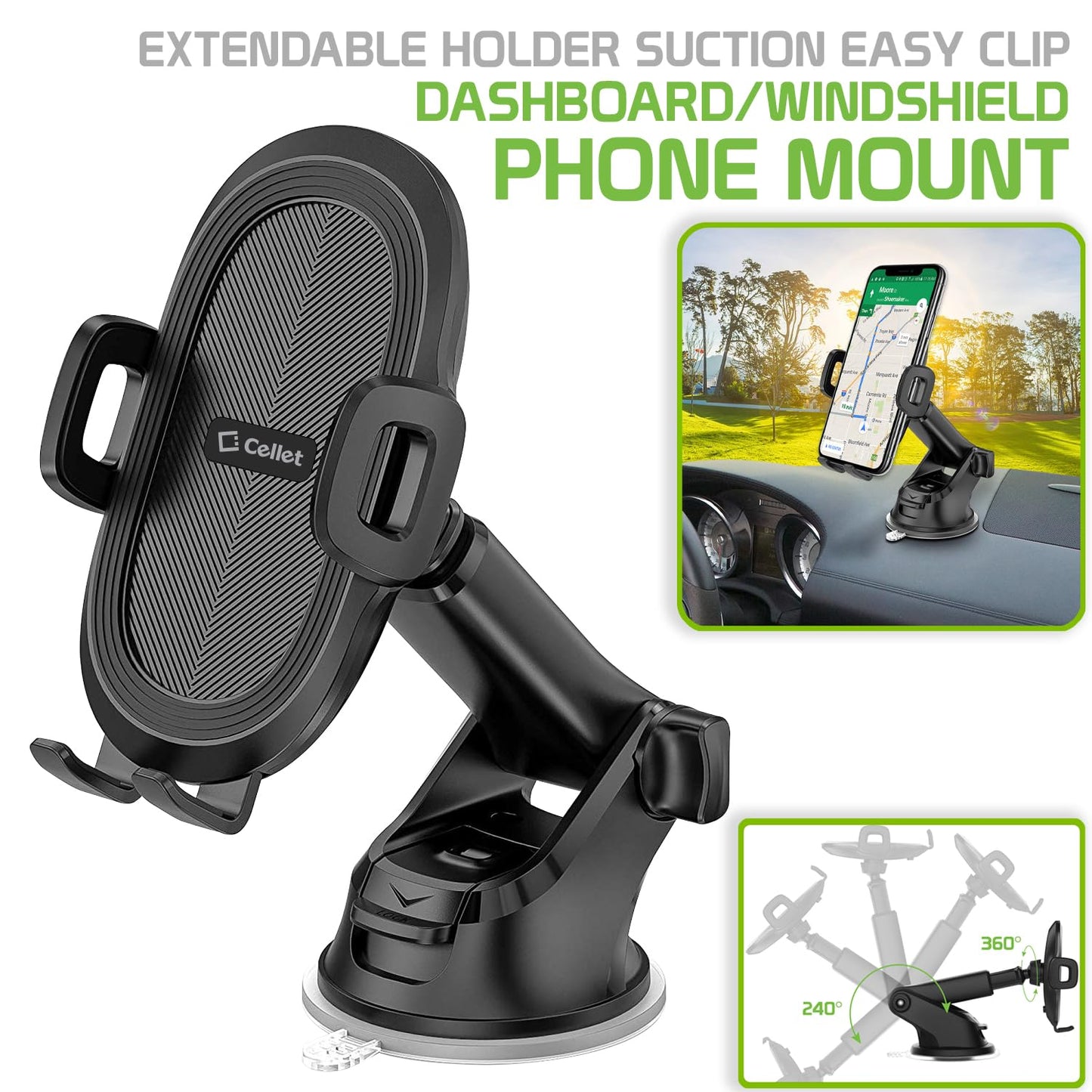 Cellet Dashboard/Windshield Phone Mount with Telescoping Arm - Adjustable Suction Holder, 360° Rotation, One-Touch Release - Fits iPhone 16/15/14 Pro
