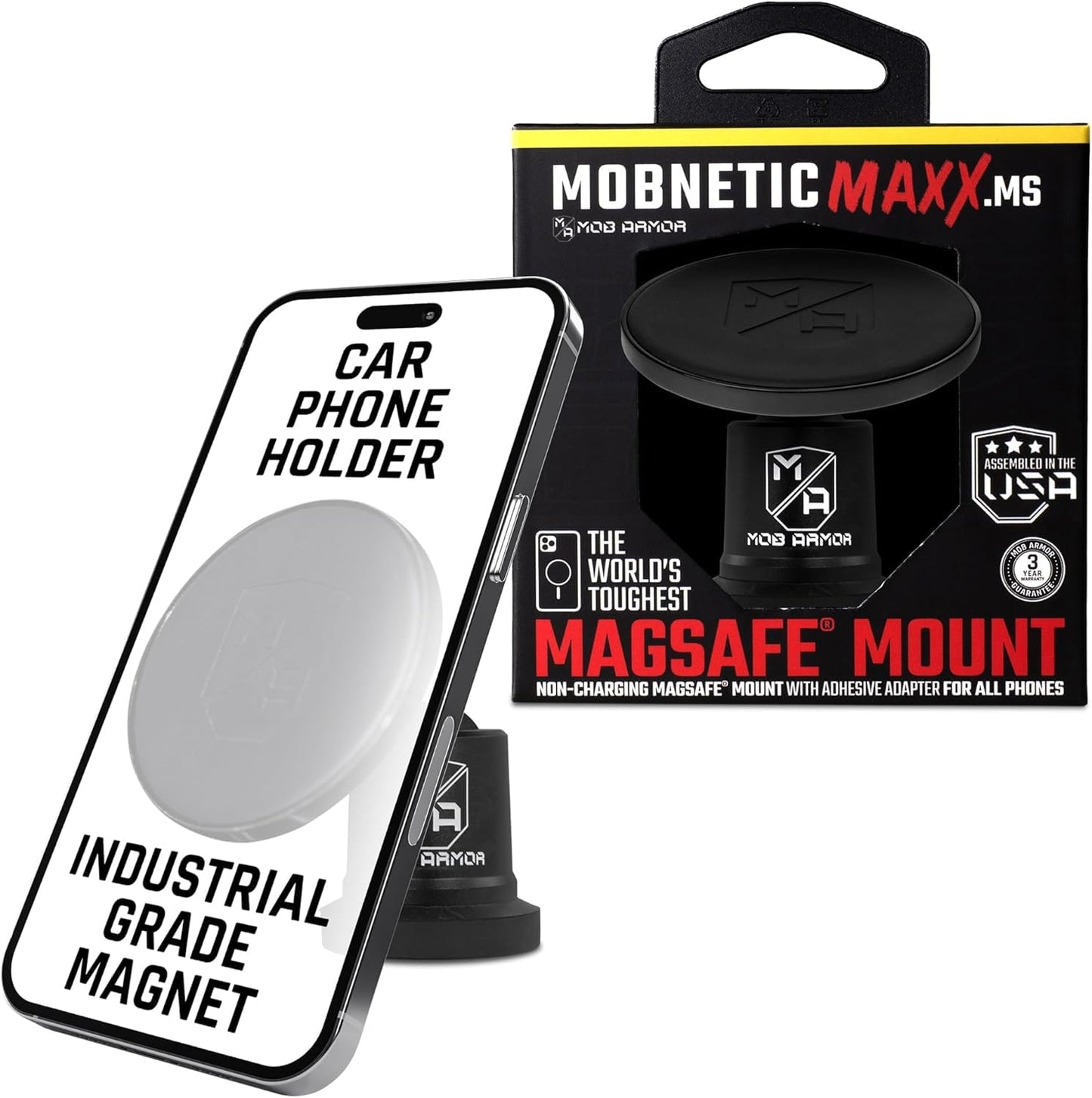 Mob Armor MobNetic Maxx MS - MagSafe Compatible Car Phone Mount w/ 90º Tilt, 360º Rotation & Durable Aluminum Build, Magnetic Holder for iPhone
