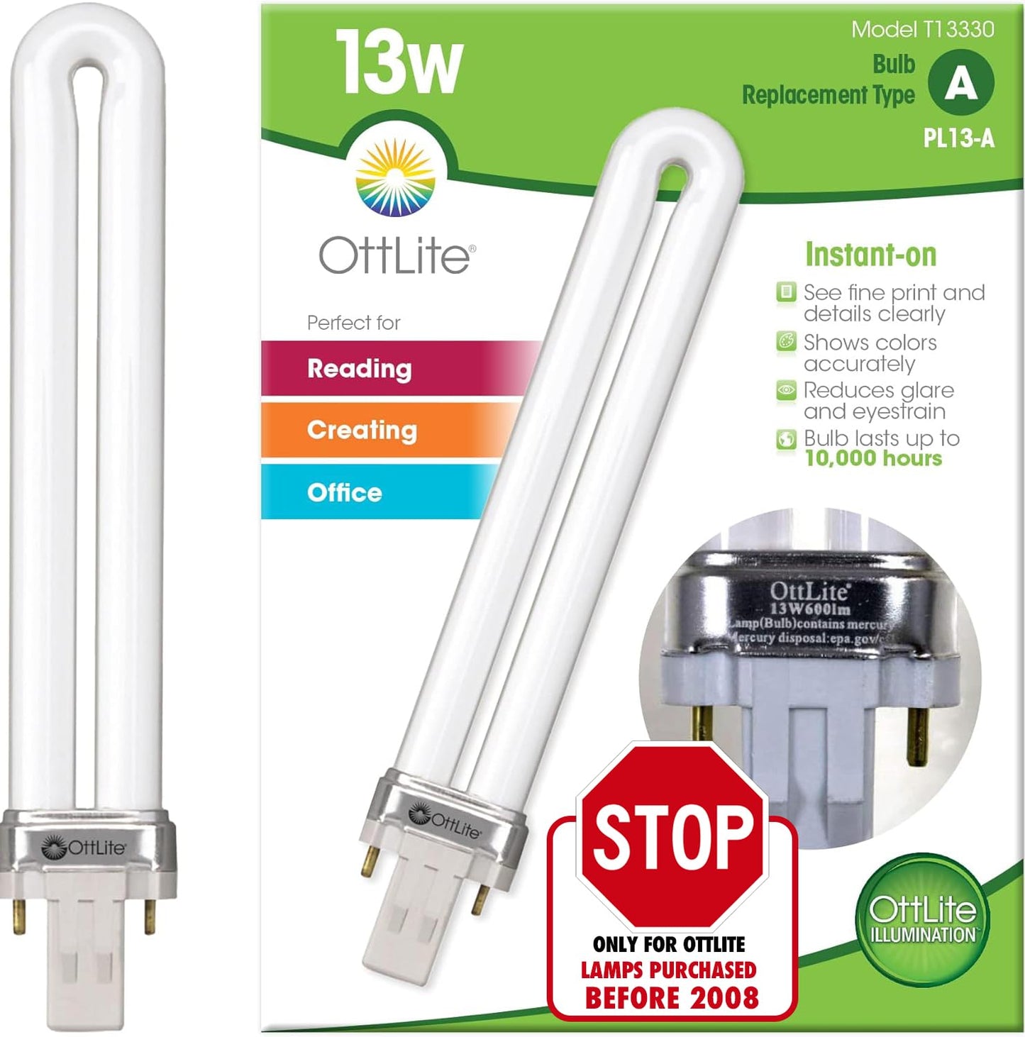 OttLite 13W Replacement Tube Light Bulb with Magnetic Ballast Bulb - Compact Fluorescent Light Replacement for Lamps Purchased Before 2008, Natural