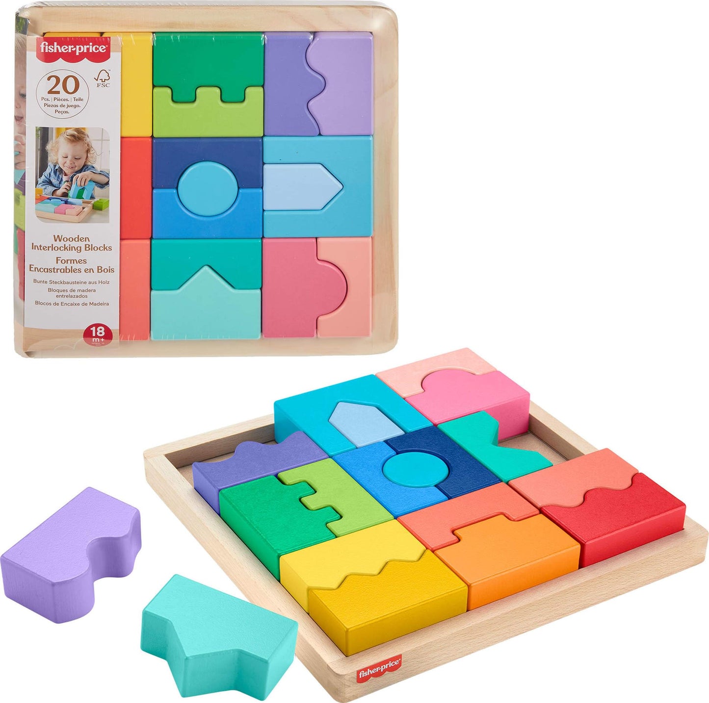 Fisher-Price Wood Toddler Toy Interlocking Blocks Stacking Jigsaw Puzzle with 20 Wooden Pieces for Kids Ages 18+ Months