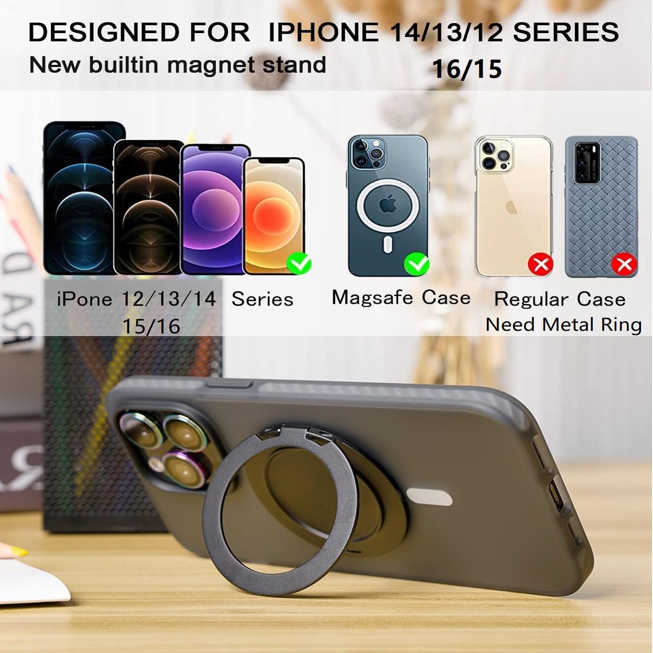 Ganinno R Stand Magnetic Ring Holder for iPhone 12 13 14 15 16 Pro max Series, Ultra-Thin Aluminum Compatible with MagSafe Cases, Removable Grip Base