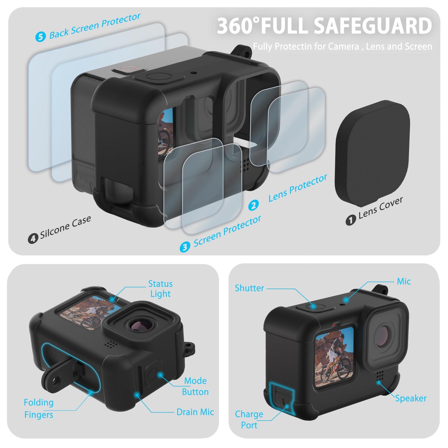 FitStill Silicone Sleeve Protective Case for Go Pro Hero 12/Hero 11/Hero 10 /Hero 9 Black, Battery Side Cover & Lens Caps & Screen Protectors