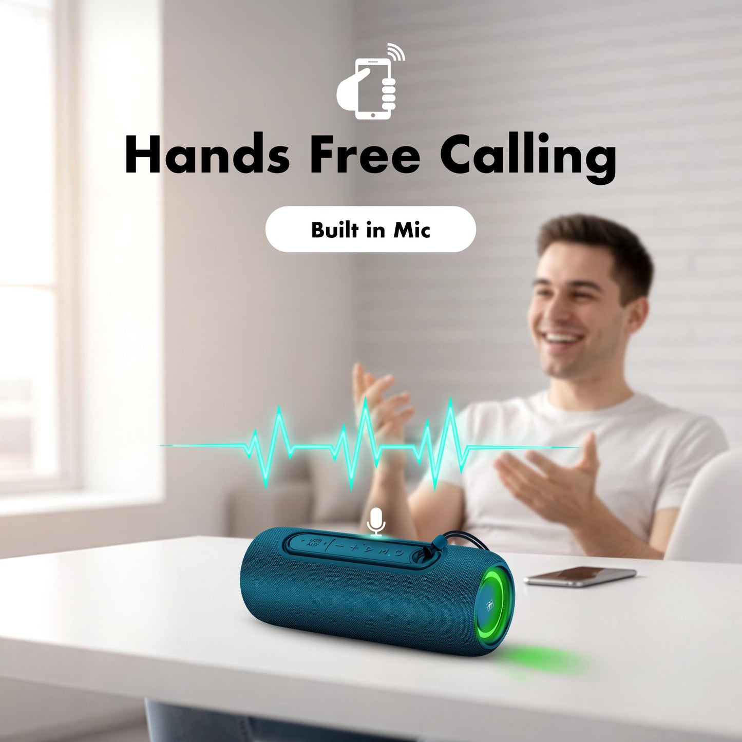 Fisher Portable Bluetooth Speakers IPX5 Waterproof Speaker, 14W PEAK Power Stereo Bluetooth Speaker, RGB Lights, TWS, BT 5.3, Built-in Mic, Hands Free