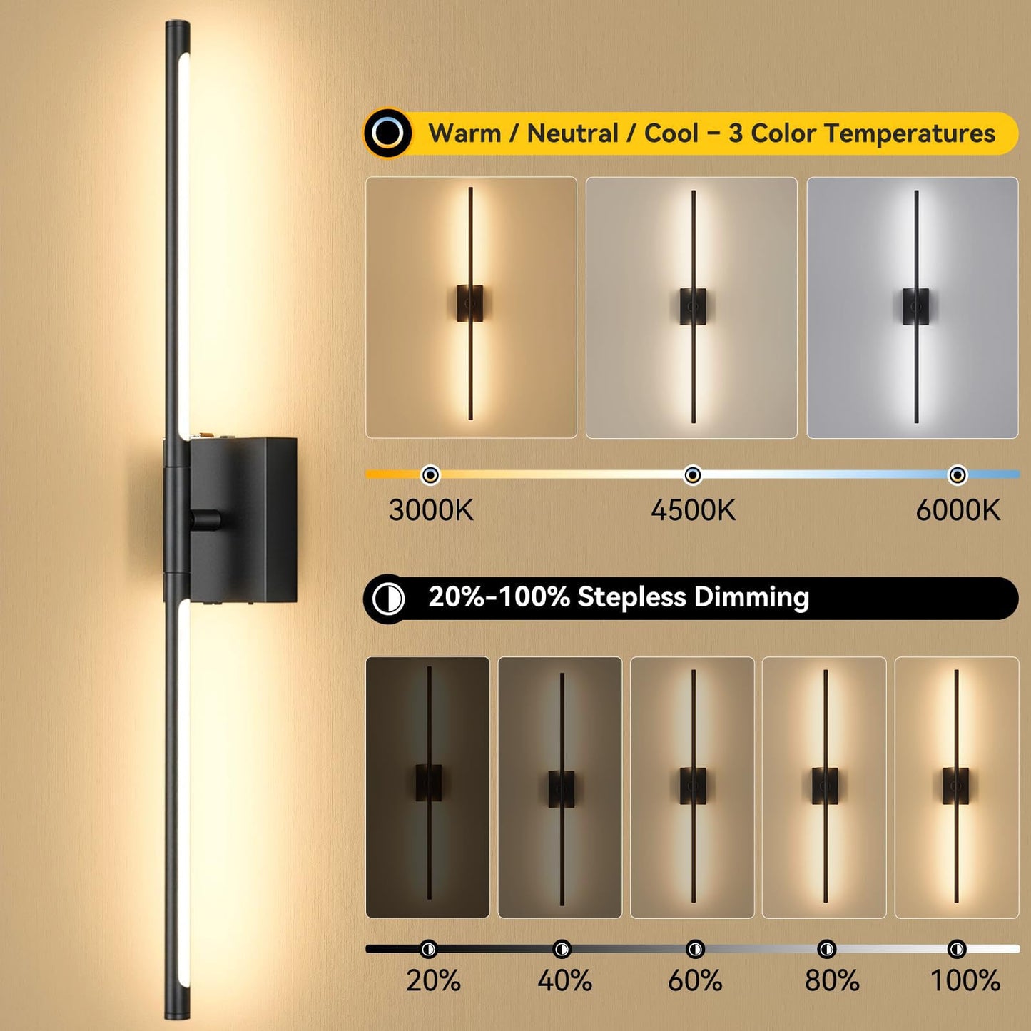 YCZM 27 in Battery Operated LED Wall Sconces, 10000mAh Rechargeable, 2 Pack