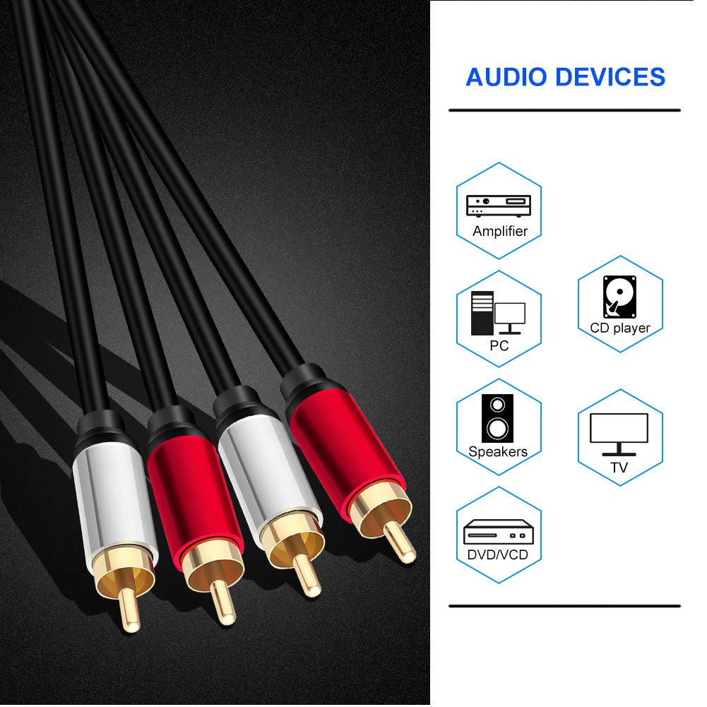 Yeung Qee 2RCA Male to 2RCA Male Stereo Audio Cable 6 ft,Dual Shielded Gold-Plated RCA Stereo Cable,Suitable for Home Theater, Amplifier, HDTV, Game