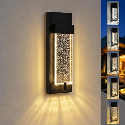 iYogaled Modern Outdoor Wall Lights with Crystal Bubble Glass, 12 Inch Waterproof Exterior Sconce, 5CCT Adjustable & Dimmable Porch Lights, Black