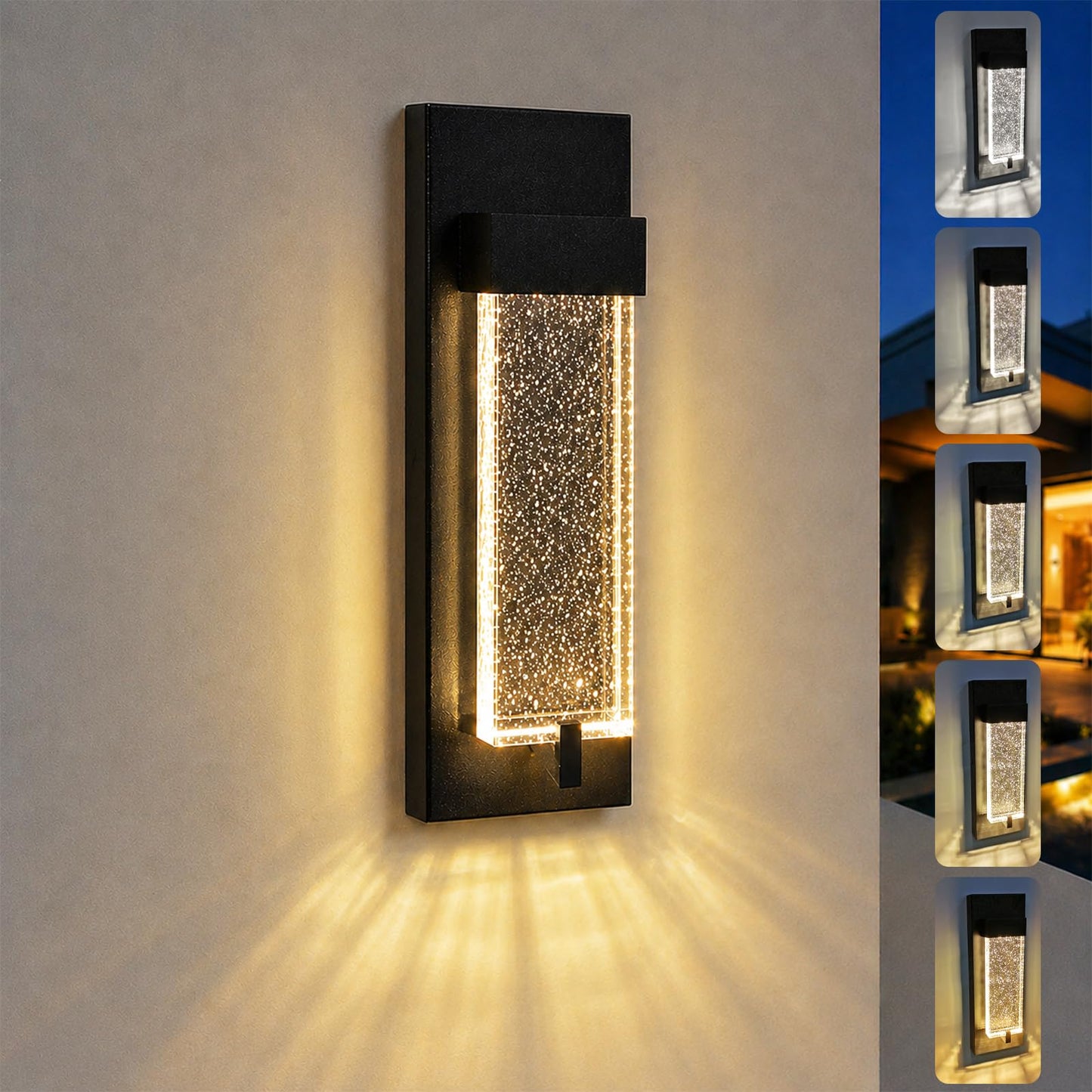 iYogaled Modern Outdoor Wall Lights with Crystal Bubble Glass, 12 Inch Waterproof Exterior Sconce, 5CCT Adjustable & Dimmable Porch Lights, Black