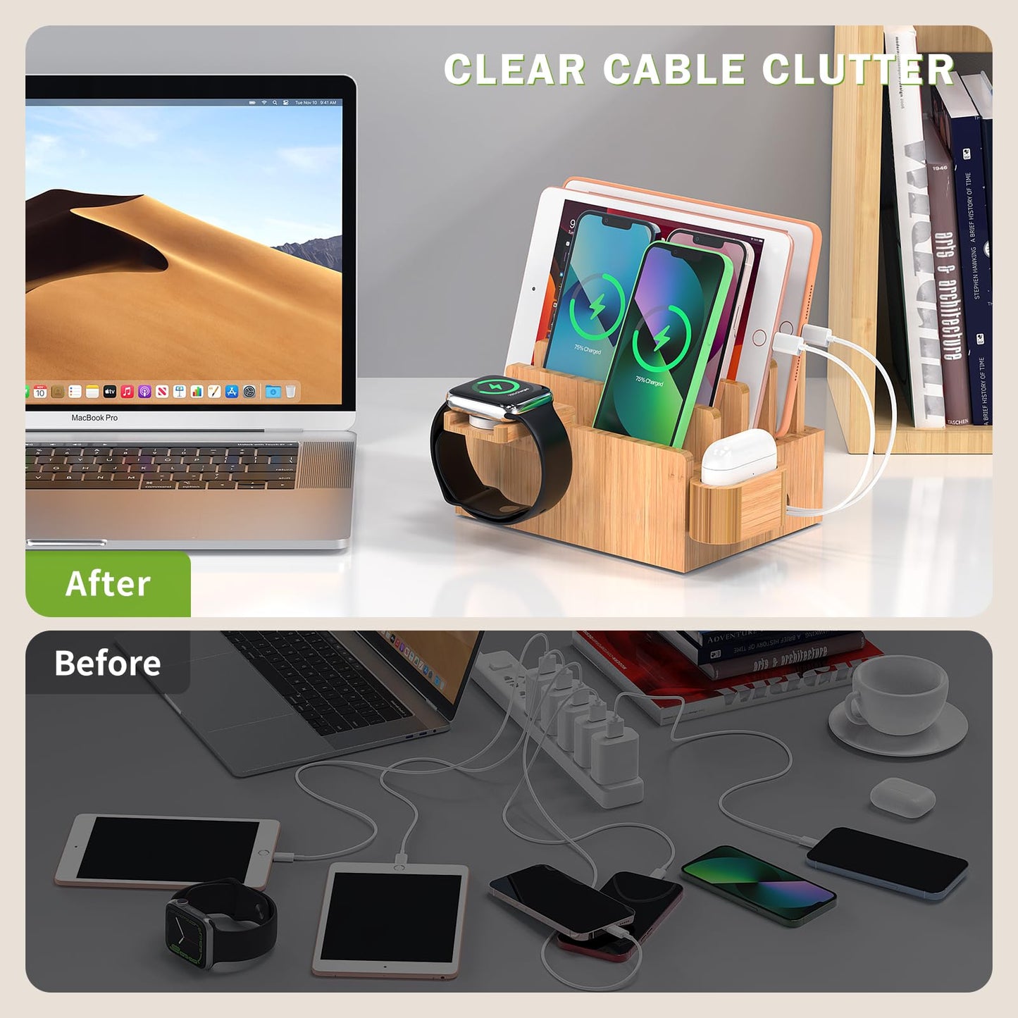 Pezin & Hulin Bamboo Charging Station for Multiple Devices with 5 Port USB Charger, 5 Cables, Watch&Earbuds Stand, Electronic Device Desktop Organizer