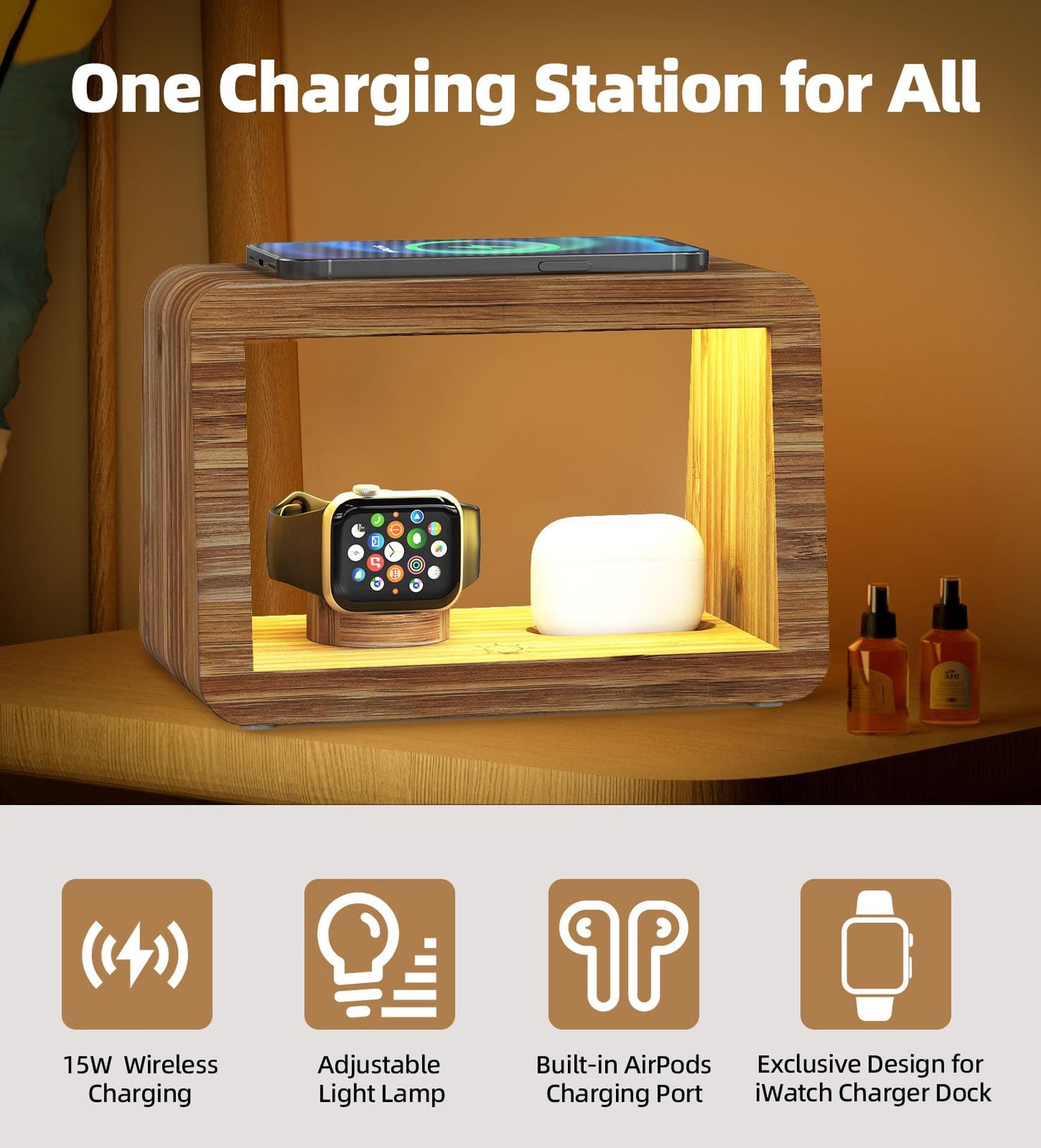Bamboo Charging Station for Multiple Devices, 15W Fast Wireless Charger Night Light with 3 Color& 4 Adjustable Brightness, Night Stand Charger Station