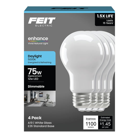 Feit Electric A19 Enhance LED Light Bulb, 75W Eq, Daylight, 4 Pack
