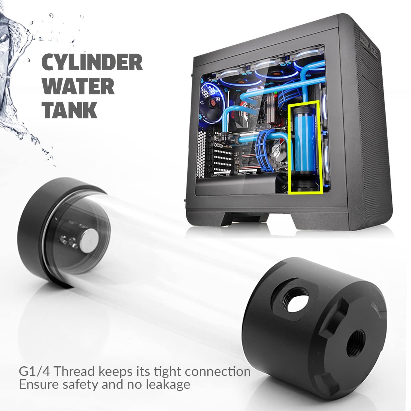 dracaena.io 200mm G1/4" Multi-Port PMMA Acrylic Water Cooling Reservoir, 55mm OD Cylinder Liquid Cooling Tank with Metal Covers for Custom PC Water