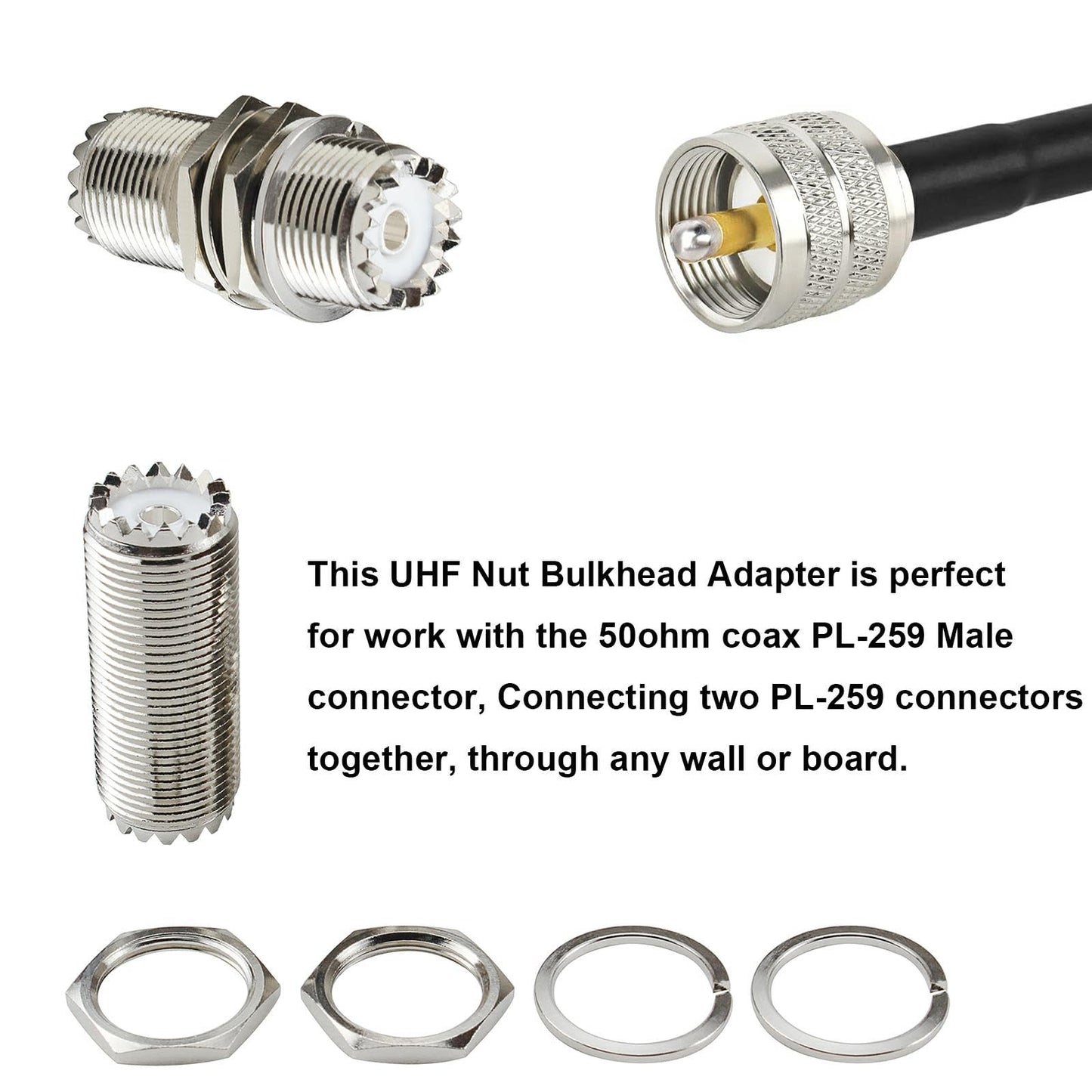 eifagur, 4pcs PL-259 Bulkhead Connector UHF Female to UHF Female Adapter SO-239 Nut Bulkhead Panel Mount CB Radio Adapter Connector