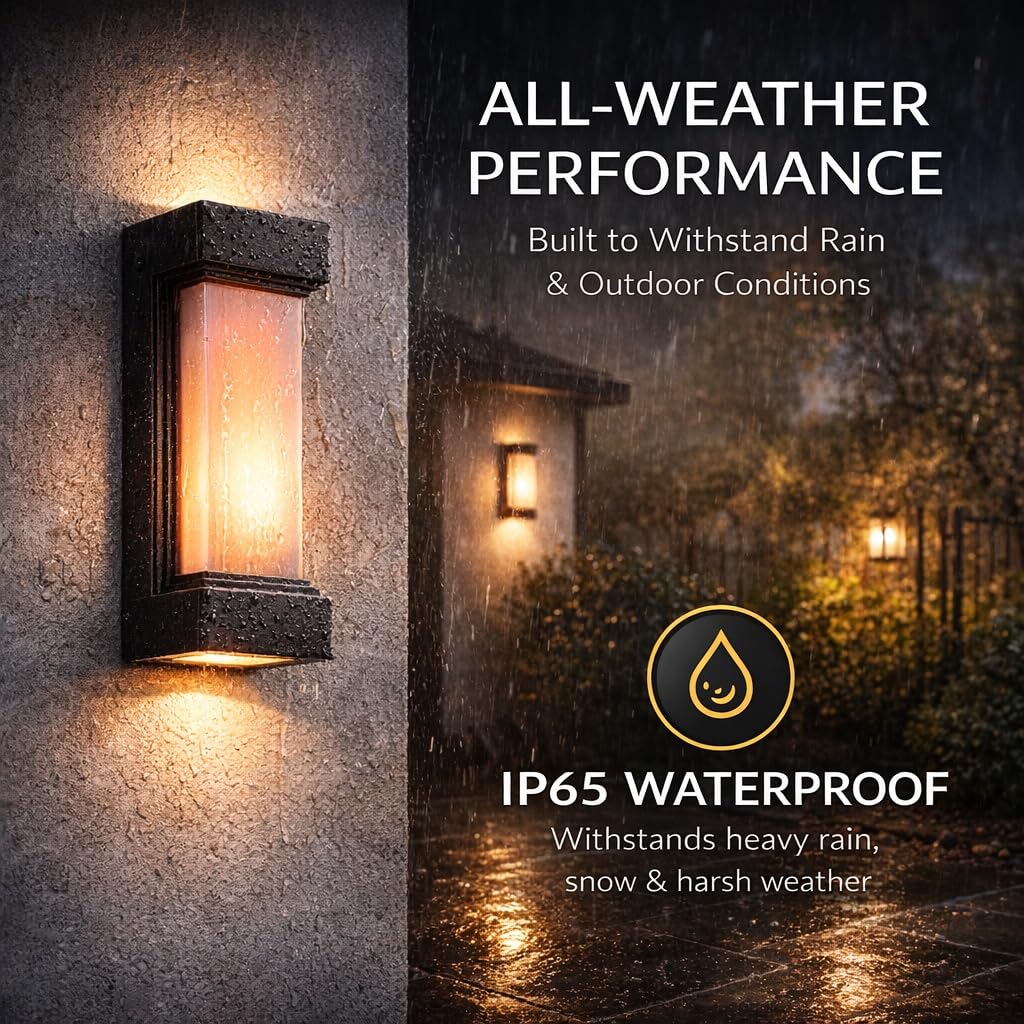 RCHBINBRS LED Flame Outdoor Wall Light, Black Waterproof Wall Sconce, Dynamic Flame Effect, 3000K Warm White Up and Down Porch Light, IP65 Exterior