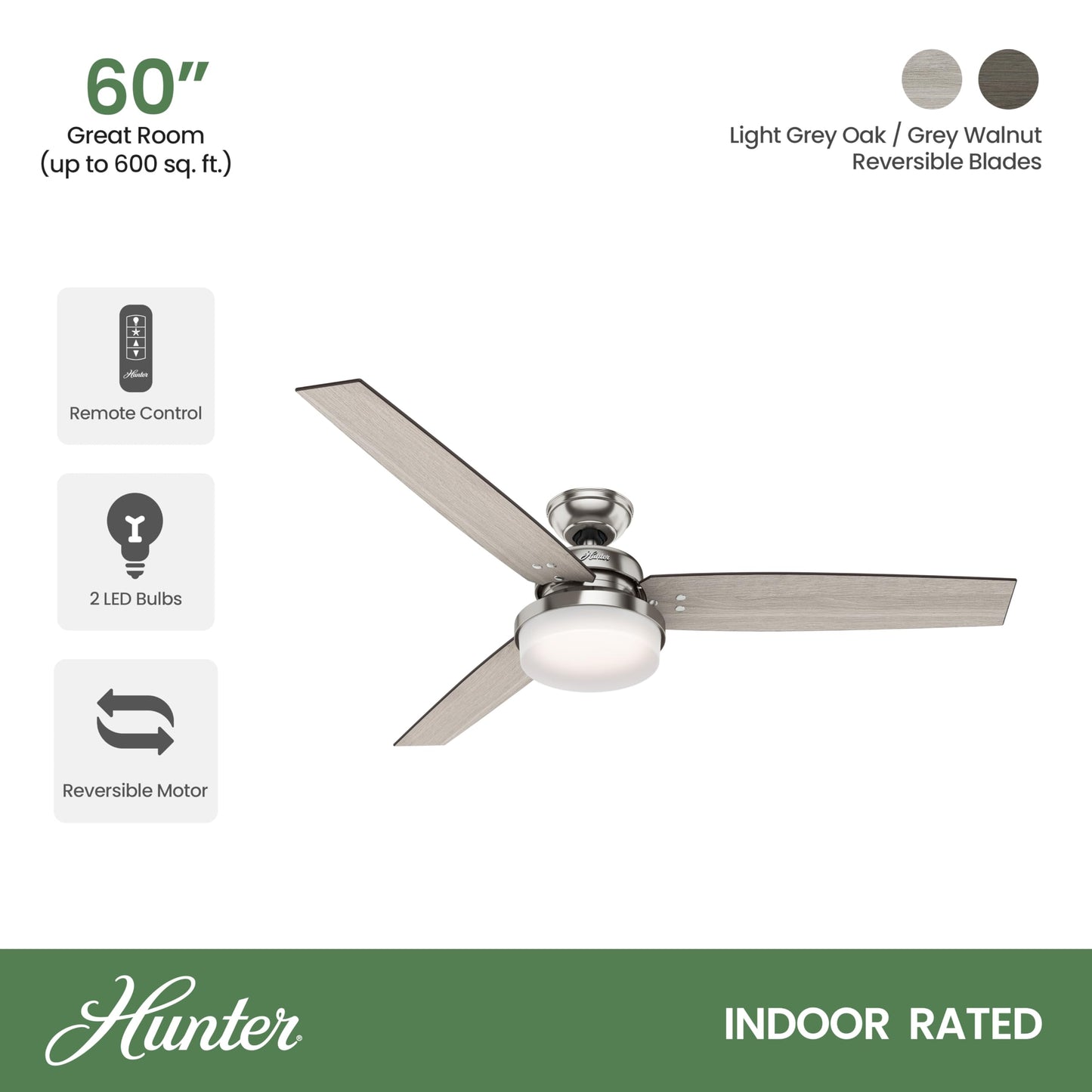 Hunter Fan 60 inch Casual Brushed Nickel Indoor Ceiling Fan with LED Light Kit and Remote Control (Renewed)