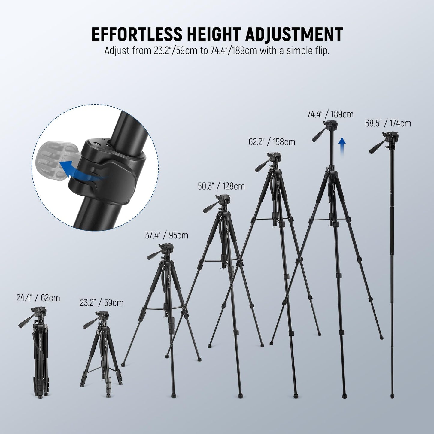 NEEWER Basic 74" Video Tripod Monopod, 3 Way Pan Tilt Head, Remote, Overhead Camera Mount, Horizontal Central Axis, Phone Holder Compatible