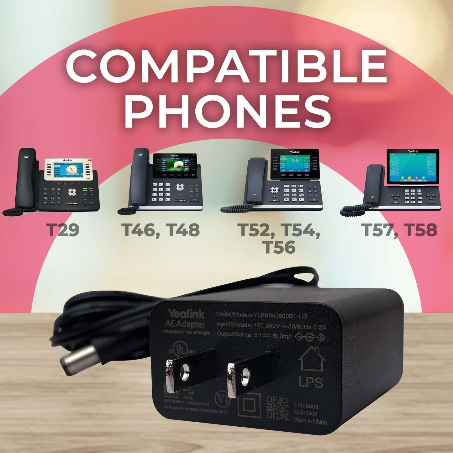Yealink Phone Power Adapter PS5V2000US - for Yealink Telephones T46, T48S, T58A, T58-CAM, T54W, T57W, Teams Phones - MP52, MP54, MP56, T85W, T87W