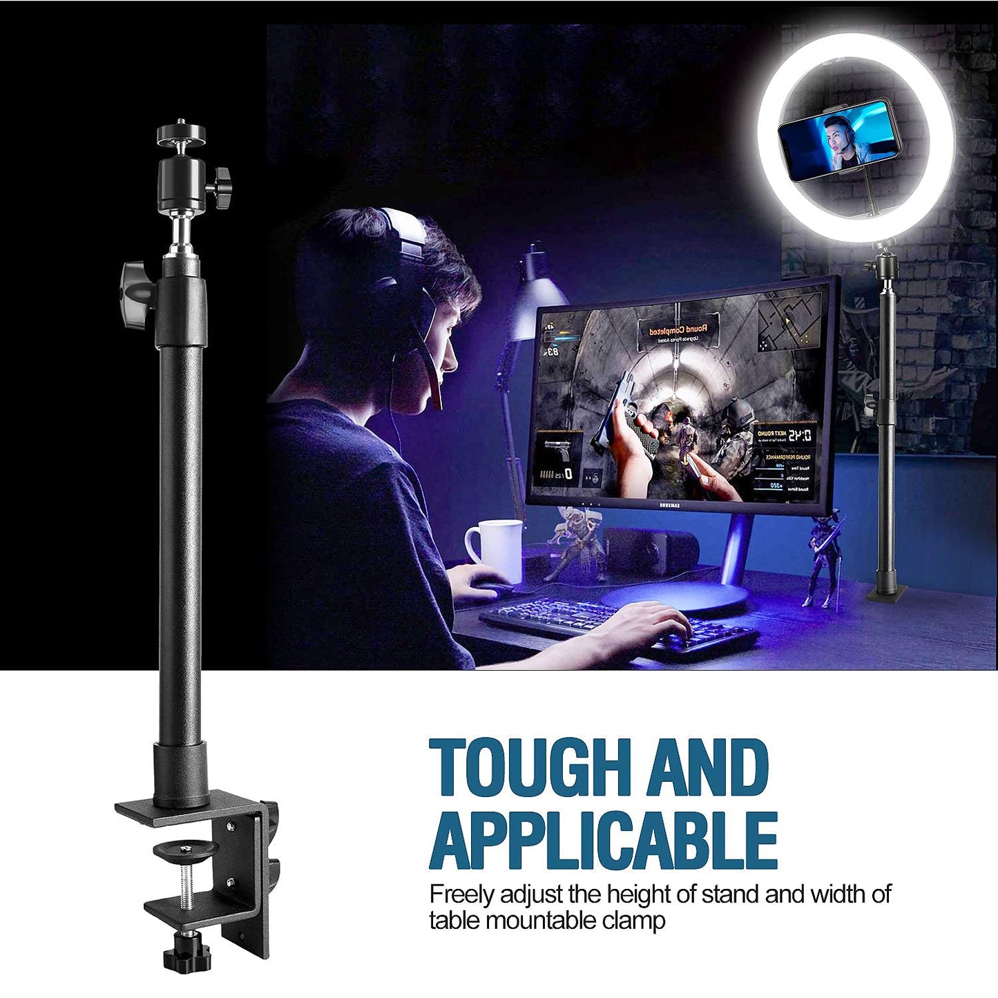 TOAZOE 14''-25.5'' Camera Desk Mount Table Stand with 360° Rotatable Ball Head, Adjustable Desk Light Stand, Aluminum Tabletop C Clamp Mount for DSLR