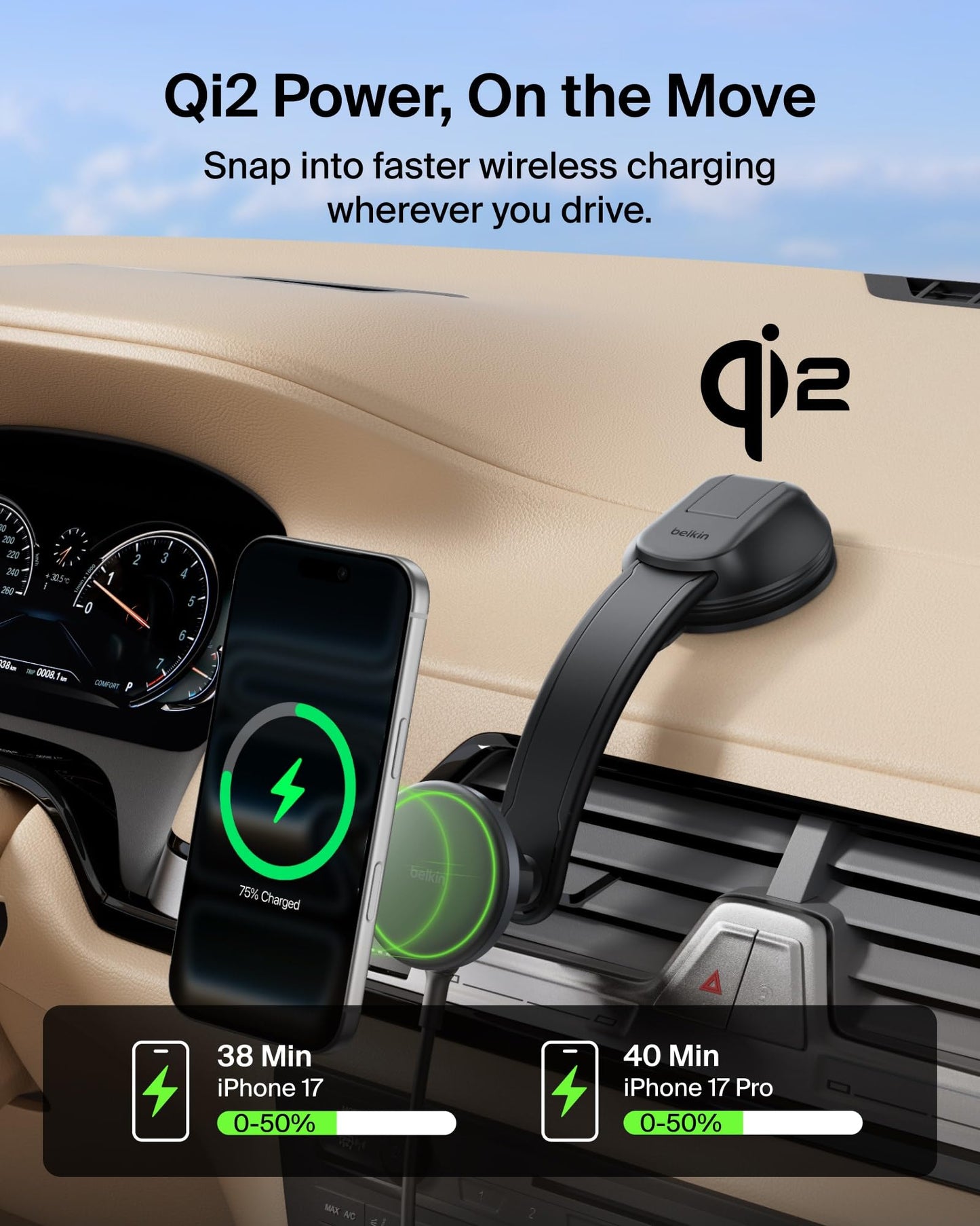 Belkin Wireless Car Charger, MagSafe Phone Holder & Car Dash Mount w/ 1M USB C Cable, Qi2 MagSafe Compatible Fast Charging iPhone Charger for iPhone