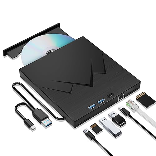 7 in 1 External CD/DVD Drive For Laptop With LAN PORT, Portable DVD Player For Laptop With Ethernet Adapter SD/TF Port , External DVD Drive With USB