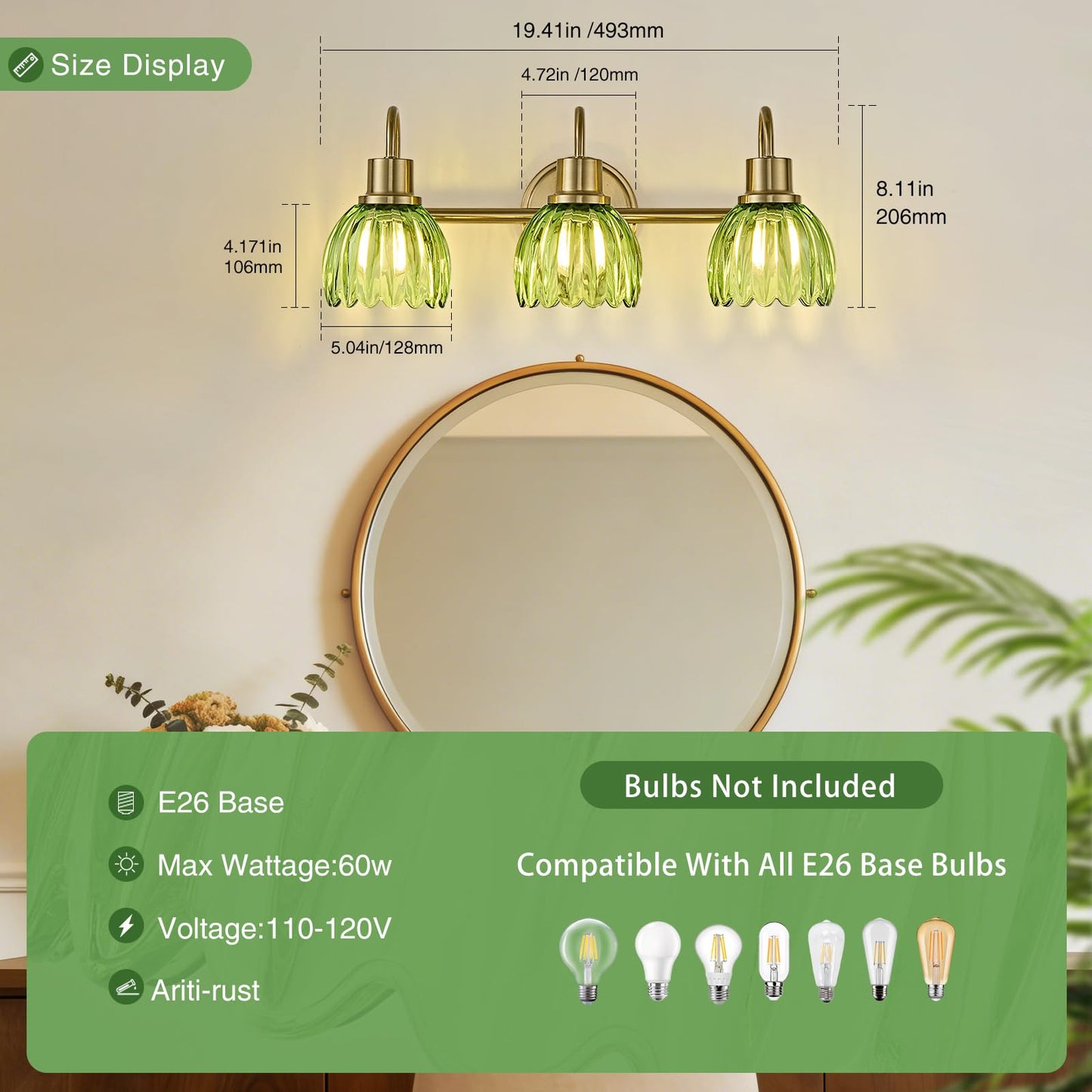 Oktownn Gold Bathroom Light Fixtures, 20 Inch Vintage Vanity Lights for Bathroom, 3-Light Modern Vanity Lights with Ribbed Green Tulip Glass Shade