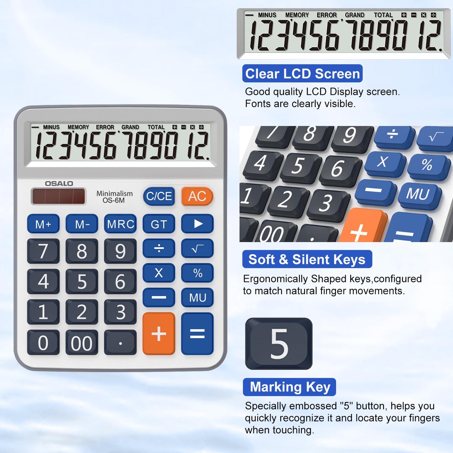Desktop Calculator Large LCD Display 12 Digit Number Handheld Portable Pocket Basic Calculator with Big Soft Sensitive Button, Battery and Solar