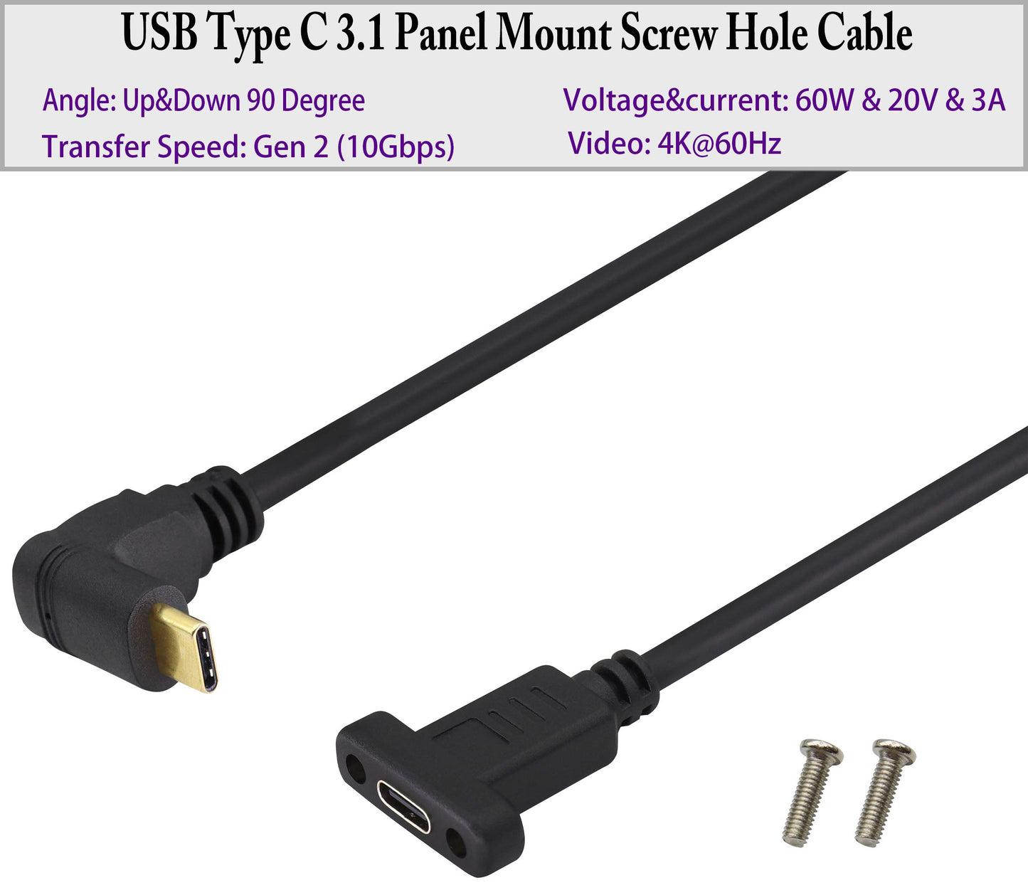 AAOTOKK Up&Down Angle 3.1Type C Gen 2 Cable (3A) 90 Degree USB 3.1 Type C Male to Female Panel Mount Screw Cable, Supports Charging,Data,Audio,Video
