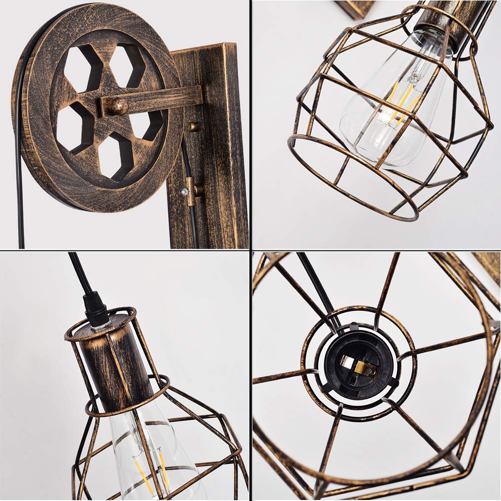 KUNGHEYFATCHOY 1 Light Fixture Industrial Mid Century Retro Iron Wall Lights Lift Pulley Wall Lamp Features The Matte Iron Cage Lamp Shade for Indoor