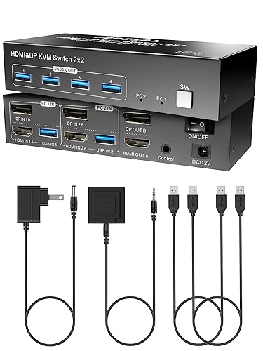 Dual Monitor HDMI DP KVM Switch, 2 Computers 4K60Hz Dual Monitor KVM Switches for Dual PC or Laptops,4 USB 3.0 Ports Support Extended/Copy Mode