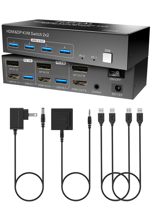 Dual Monitor HDMI DP KVM Switch, 2 Computers 4K60Hz Dual Monitor KVM Switches for Dual PC or Laptops,4 USB 3.0 Ports Support Extended/Copy Mode