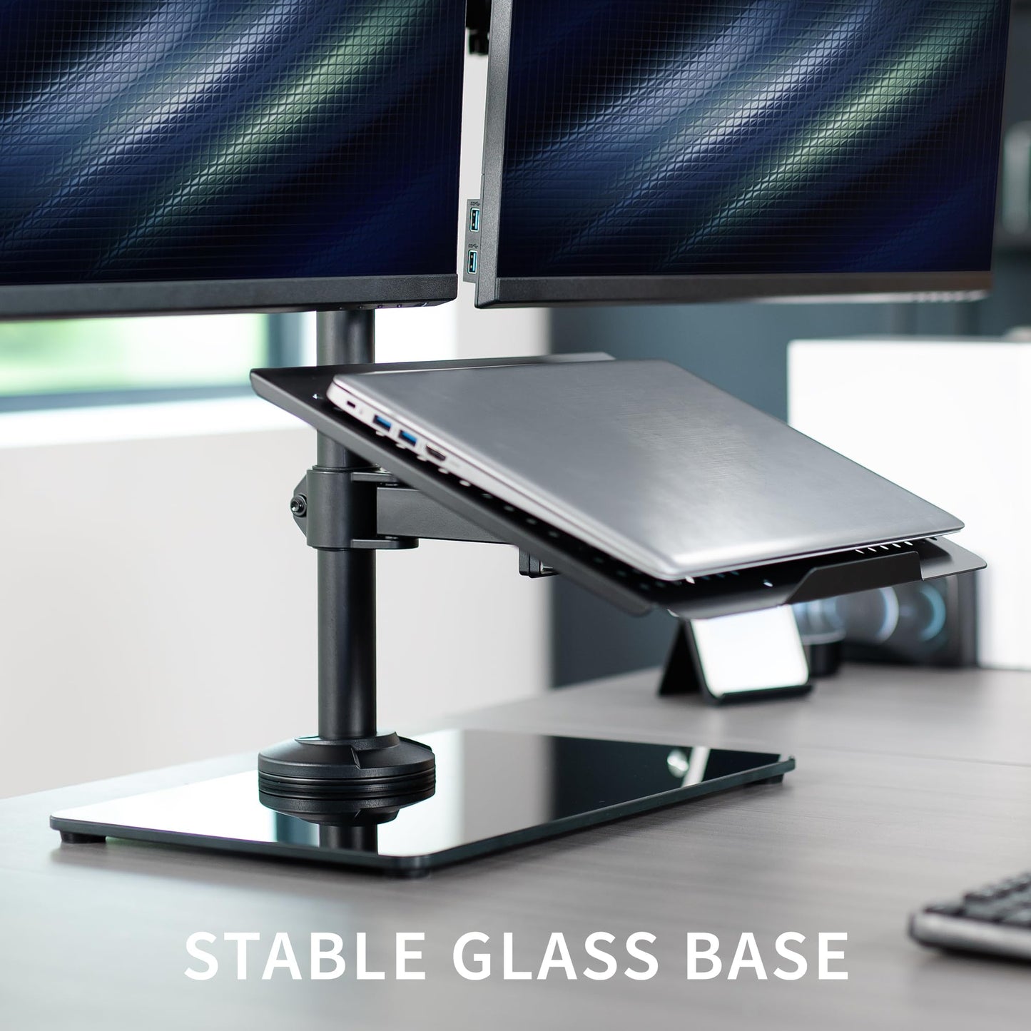 VIVO Freestanding Dual Computer Monitor and Laptop Combo Desk Stand with Glass Base, Fits up to 32 inch Monitors and 17 inch Laptops, Black