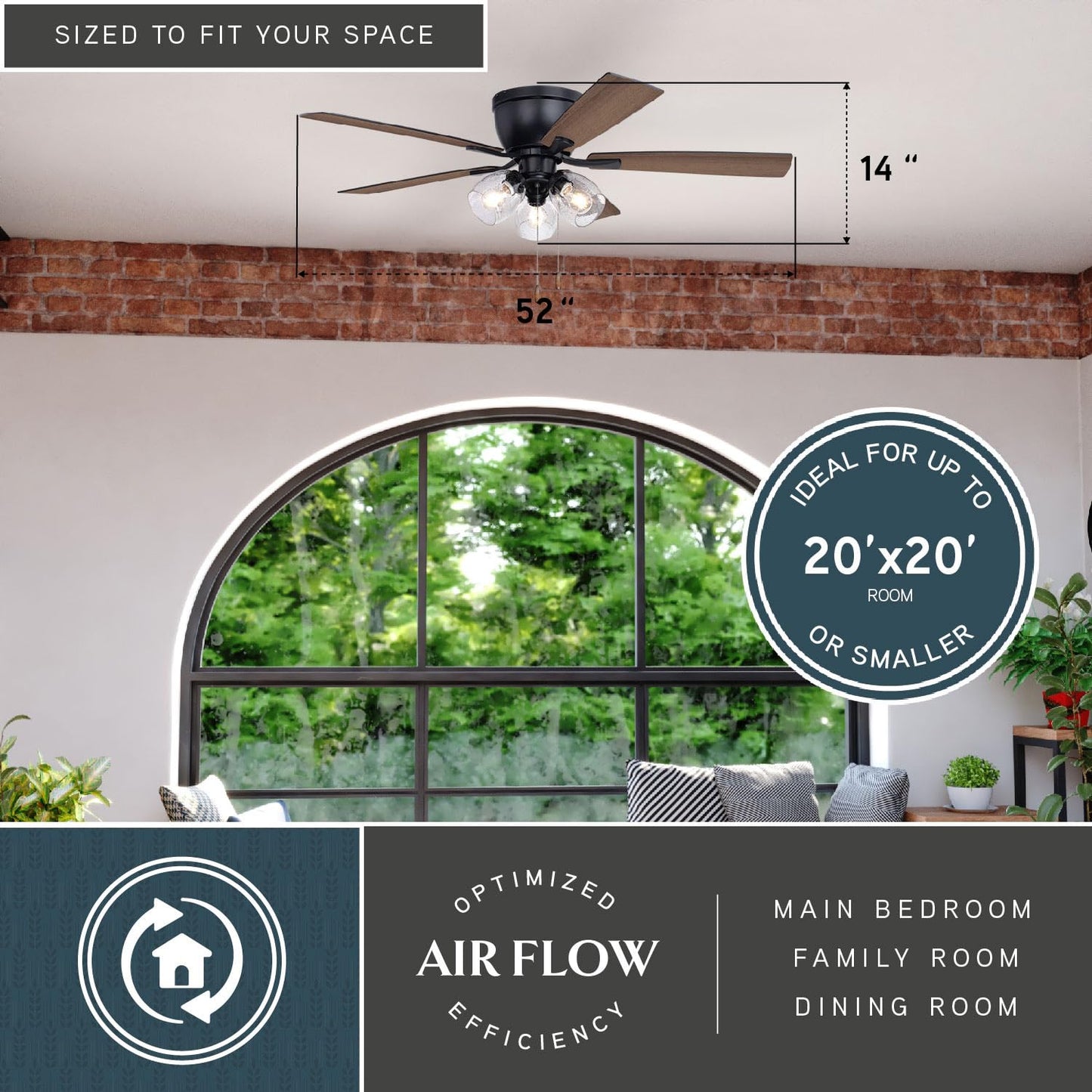 VAXCEL Brayton 52 in. Black Indoor Low Profile Flush Mount Transitional Ceiling Fan with Reversible Black-Dark Oak Blades, LED 3-Light Kit and Pull