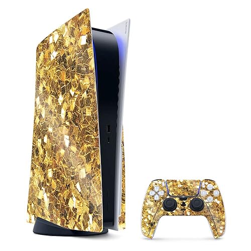 MightySkins Glossy Glitter Gaming Skin for PS5 / PlayStation 5 Bundle - Gold Chips | Durable High-Gloss Glitter Finish | Easy to Apply and Change